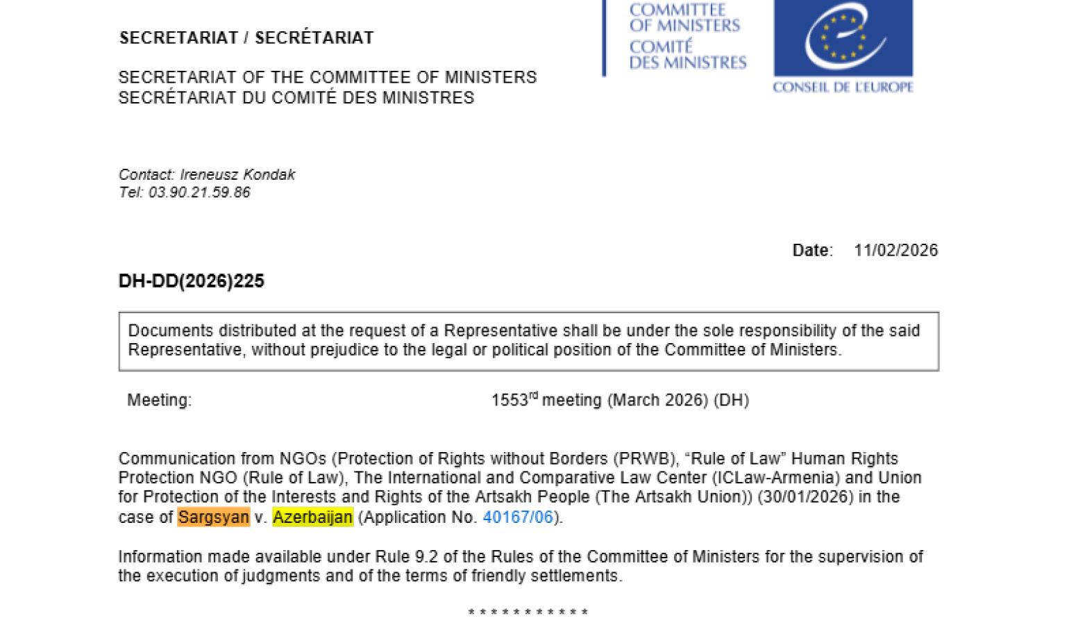 Azerbaijan Has Failed to Comply with the ECHR Judgment in “Sargsyan v. Azerbaijan”: NGOs Have Applied to the Committee of Ministers