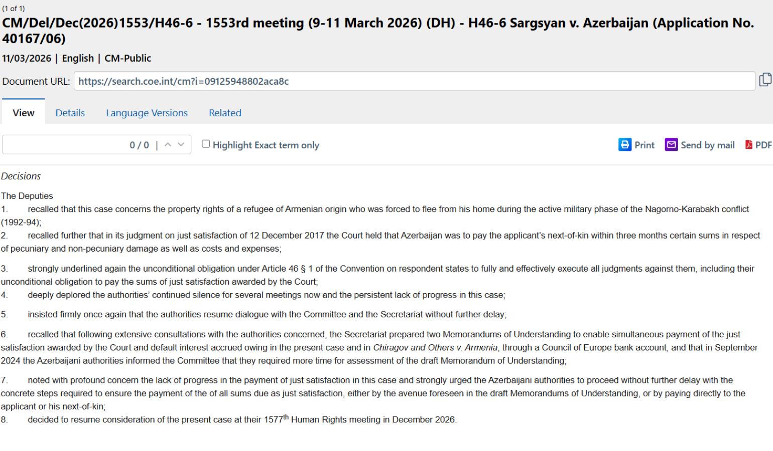 The Committee of Ministers has urged Azerbaijan to fulfill its obligations in the case of “Sargsyan v. Azerbaijan.”