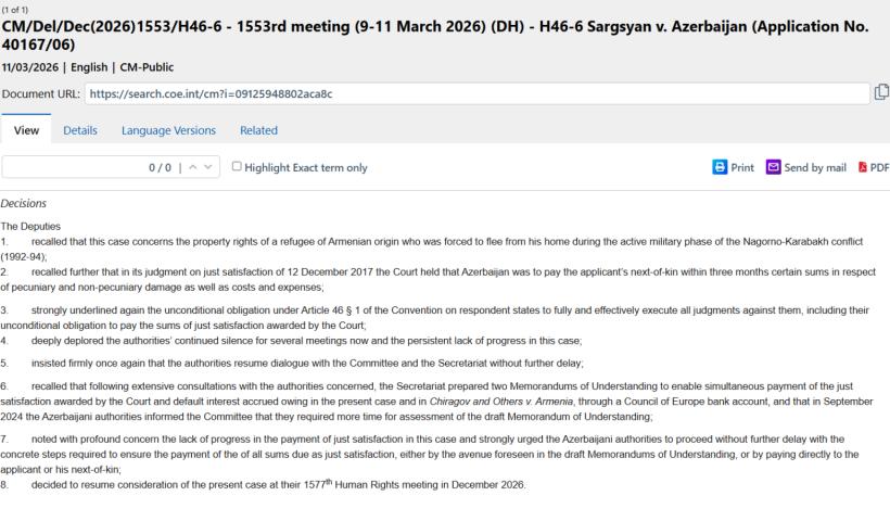 The Committee of Ministers has urged Azerbaijan to fulfill its obligations in the case of “Sargsyan v. Azerbaijan.”