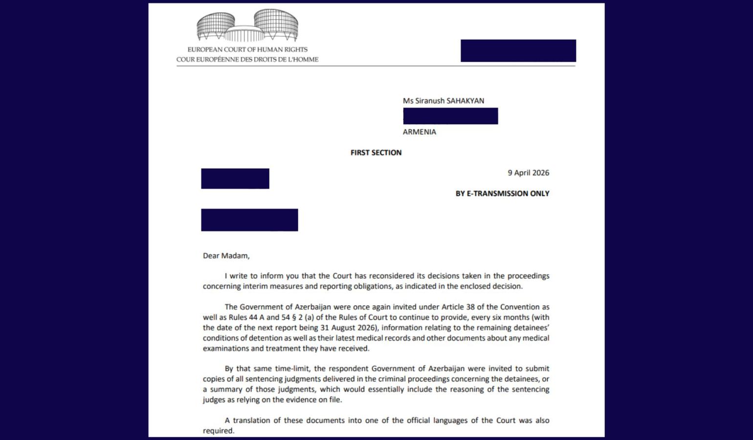 ECHR obliges Azerbaijan to provide prisoners' verdicts by August 31