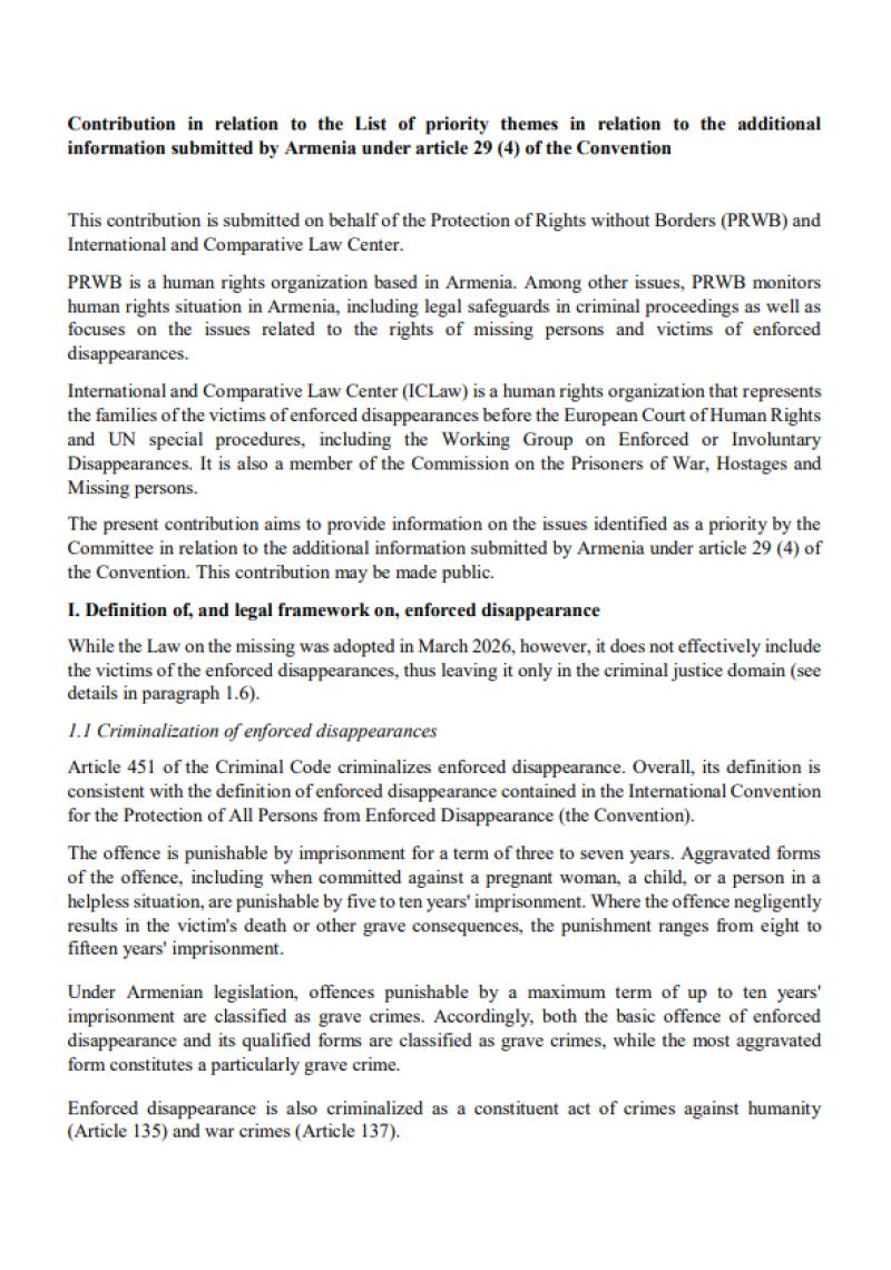 The Issue of Enforced Disappearances and Missing People in Armenia: ICLaw and PRWB Presented a Report to the UN