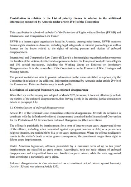 The Issue of Enforced Disappearances and Missing People in Armenia: ICLaw and PRWB Presented a Report to the UN